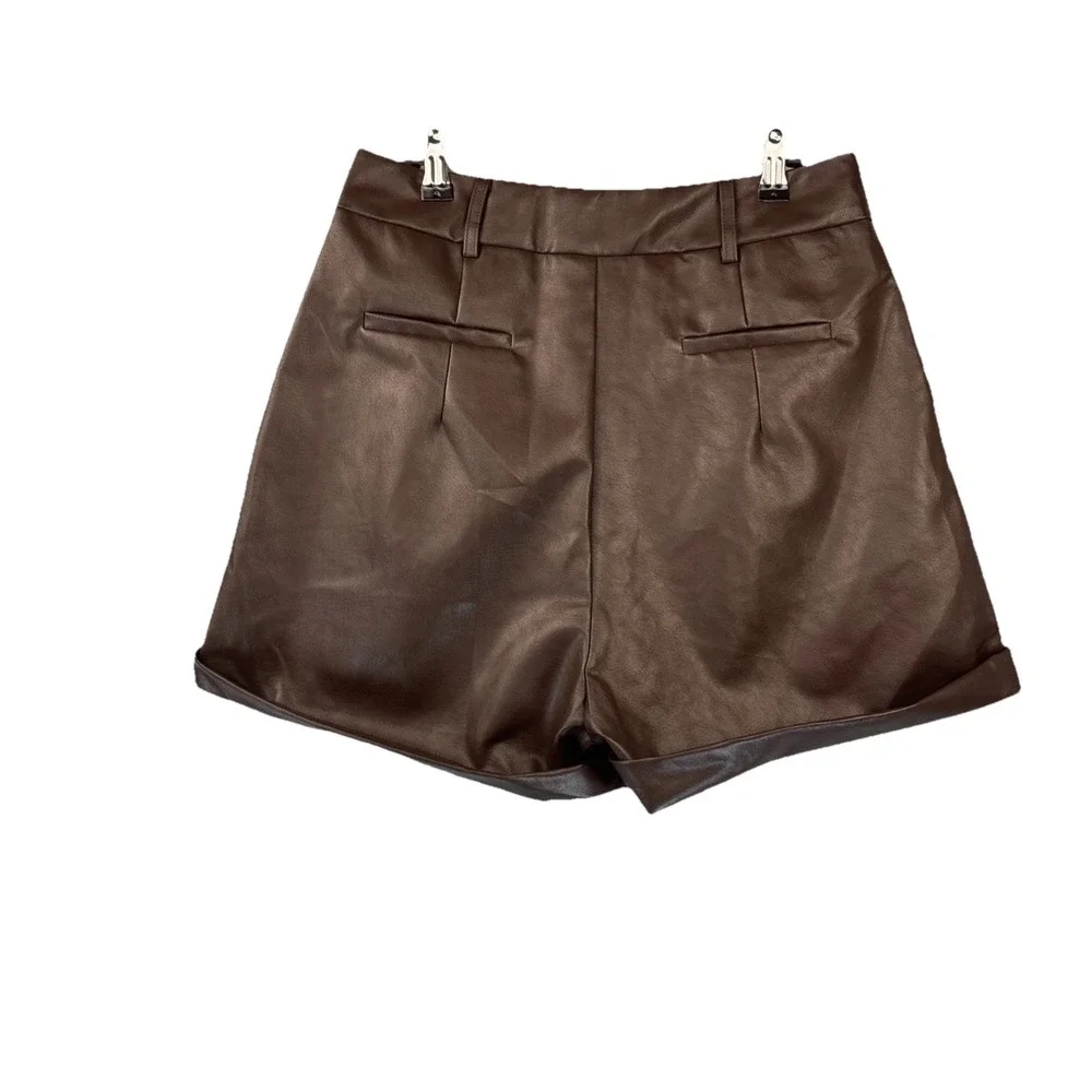 Vici Women's Faux Leather Shorts L Brown Ultra High Rise Cuffed Pleated Pockets
